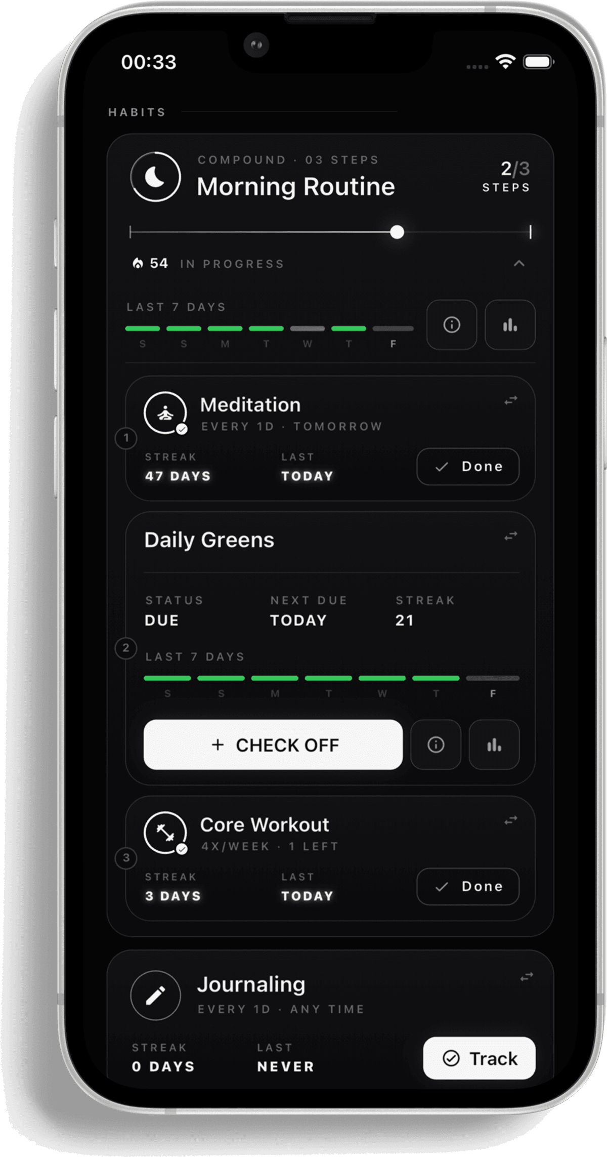 Morning Routine compound habit screen with Your stack diagram in CoThrive.