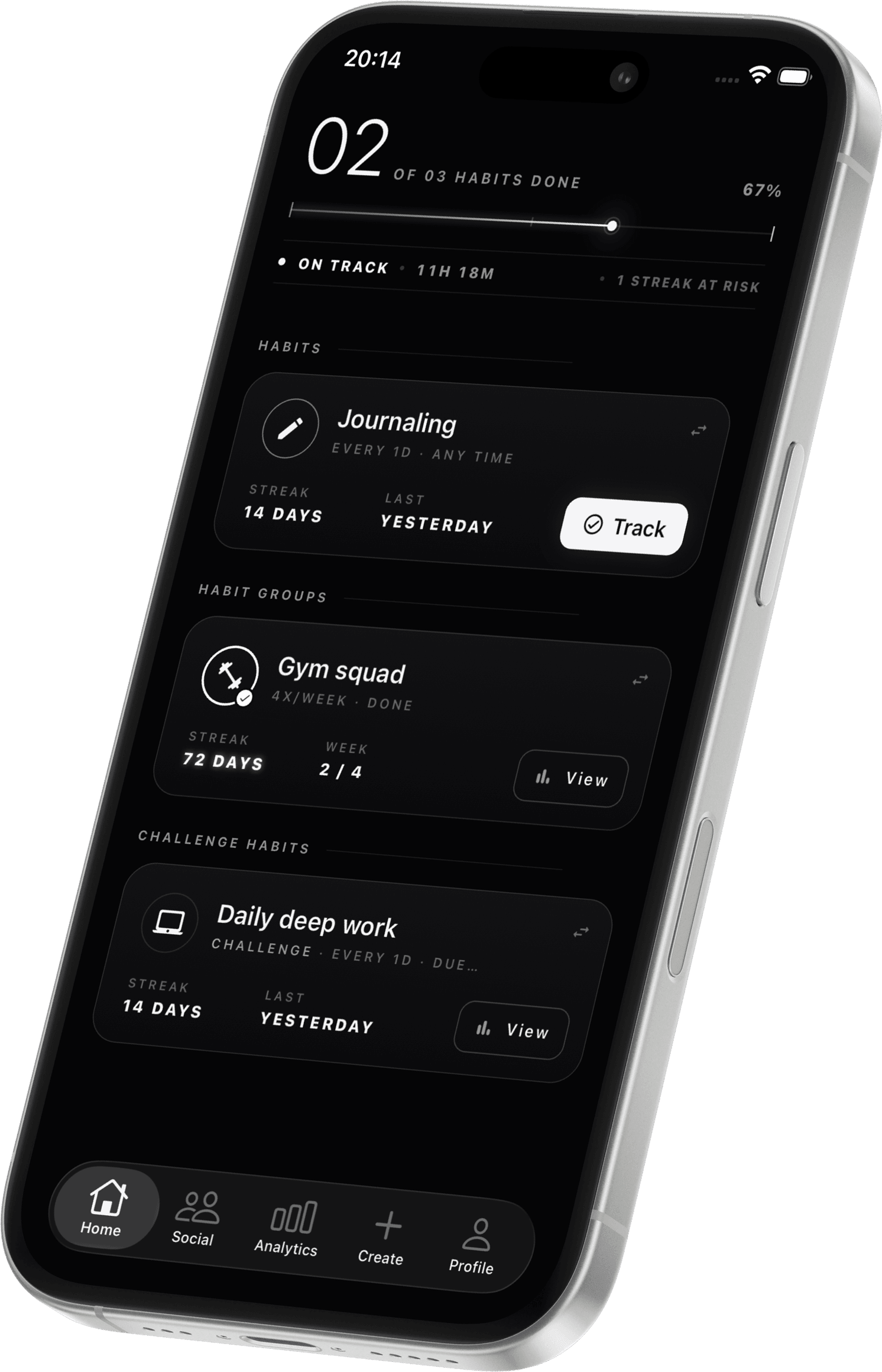 CoThrive home screen on an iPhone: today's Habits with check-in circles and progress.