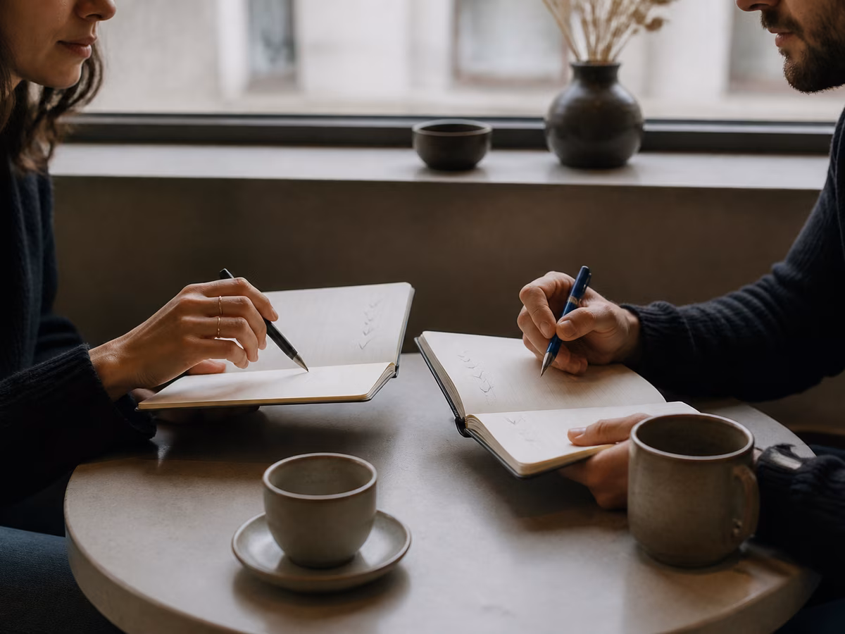 Two accountability partners compare notes over coffee.
