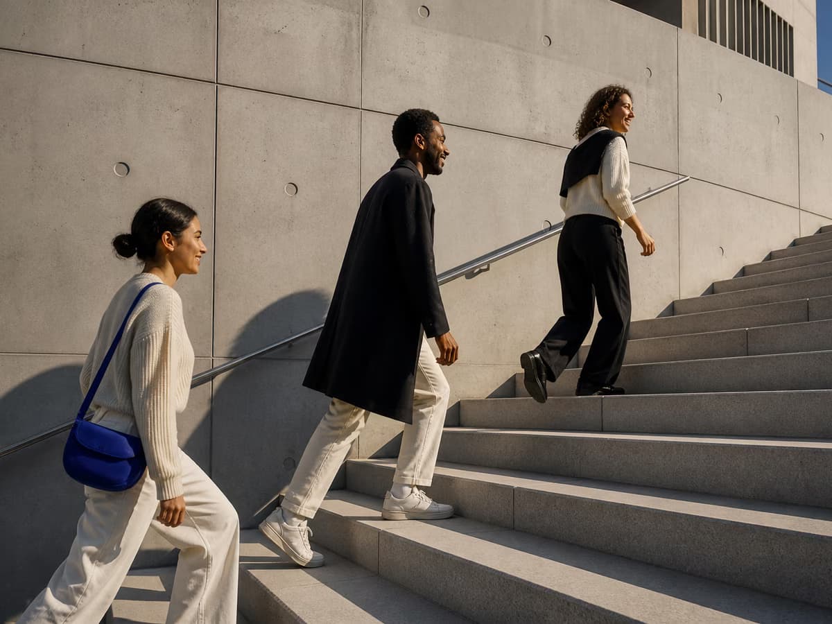 Three friends climb a broad outdoor staircase together.