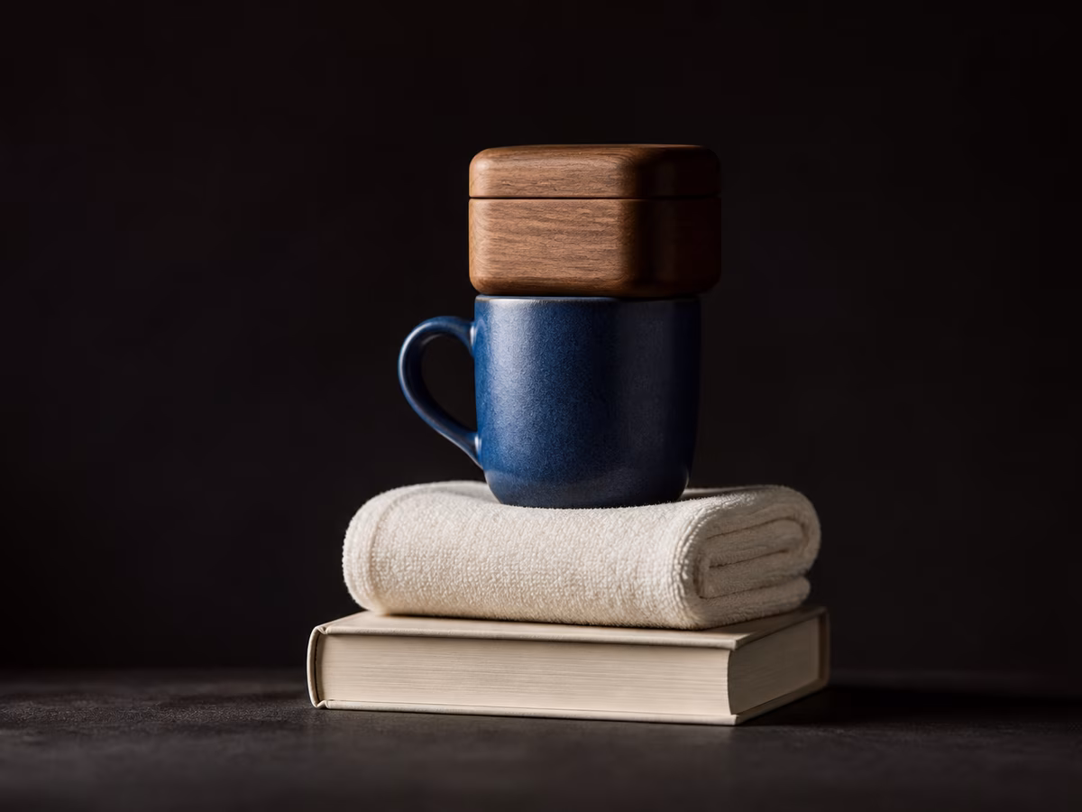 Everyday morning objects stacked into one balanced sequence.