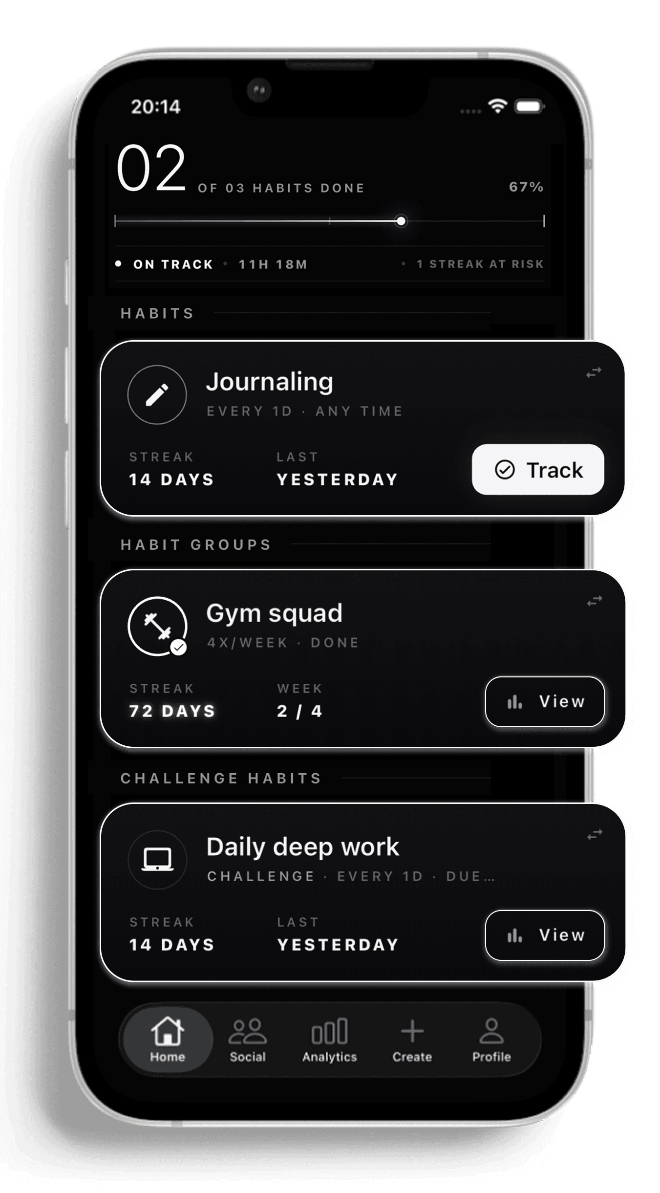 CoThrive home screen with Personal Habits, Habit Groups, and Challenge Habits on an iPhone.