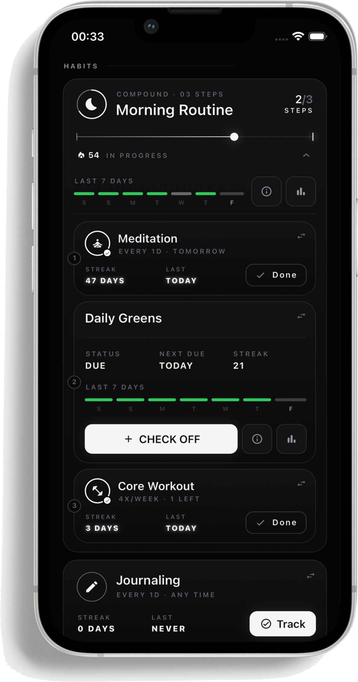 CoThrive Morning Routine compound screen showing separate habits merging into one stack.