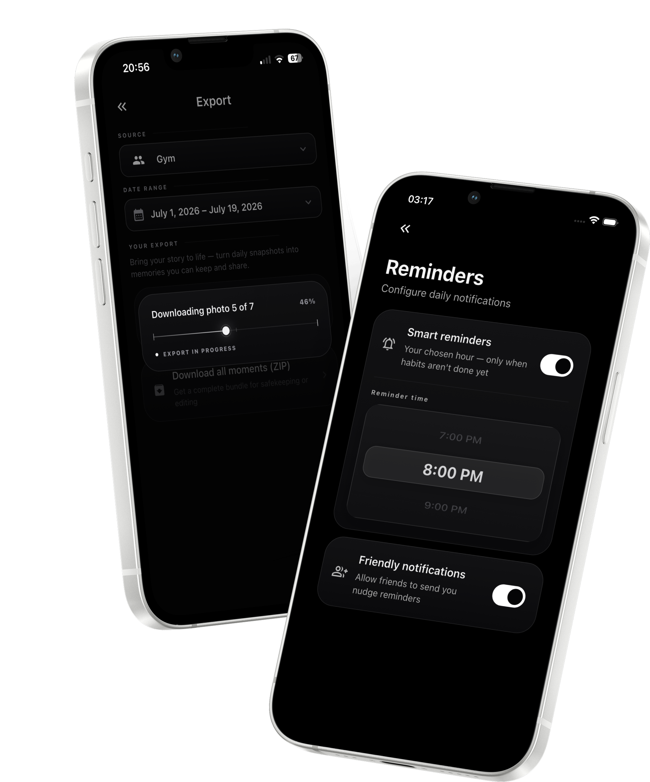 CoThrive Pro screens for photo export and smart reminders on iPhone.